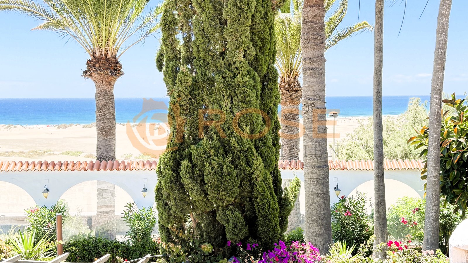 Sea view garden with Mediterranean column architecture and cypress alley – idyllic outdoor area with panoramic view