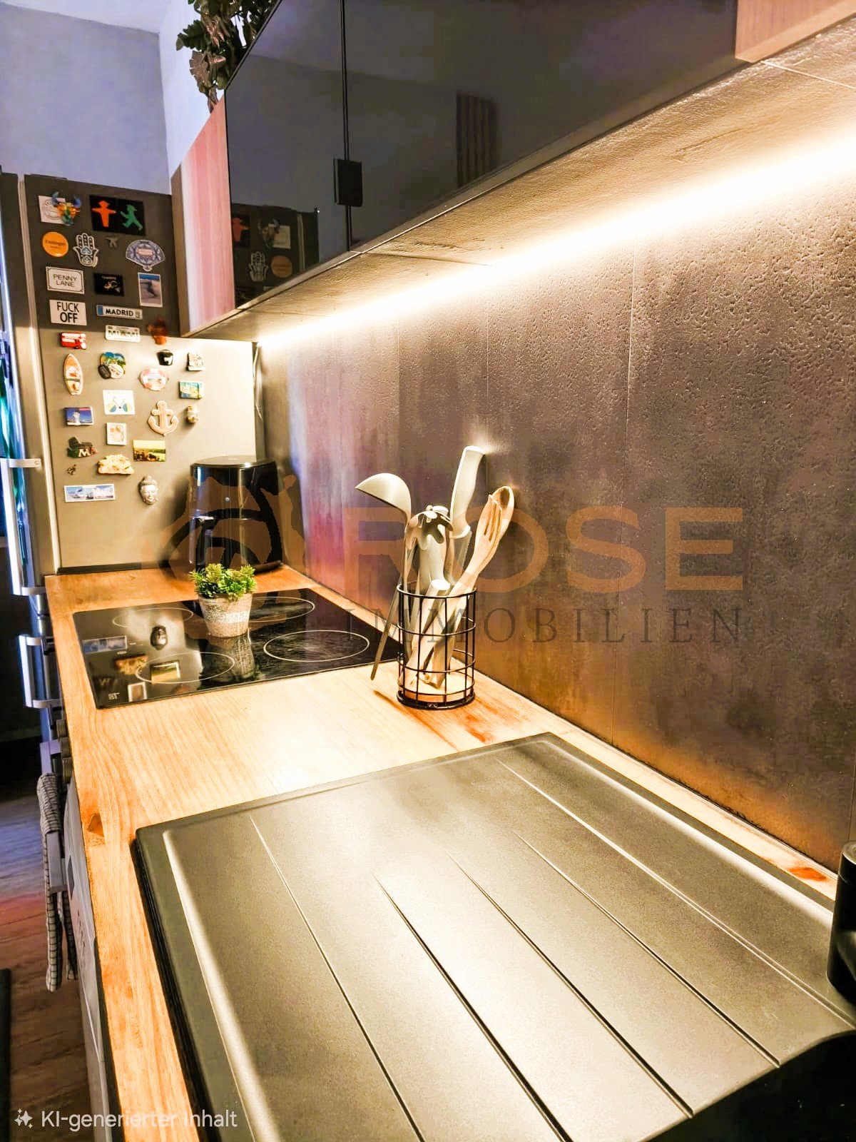 Cocina moderna con diseño inteligente de la encimera y iluminación LED integrada